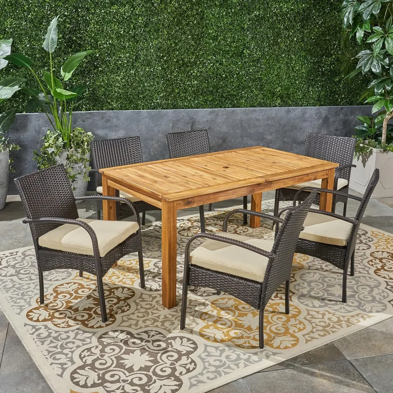 Elmar Outdoor 7 Piece Wood and Wicker Expandable Dining Set, 22.1 "W x 23.5 "D x 32.75 "H
Elmar Outdoor 7 Piece Wood and Wicker Expandable Dining Set, 22.1 "W x 23.5 "D x 32.75 "H