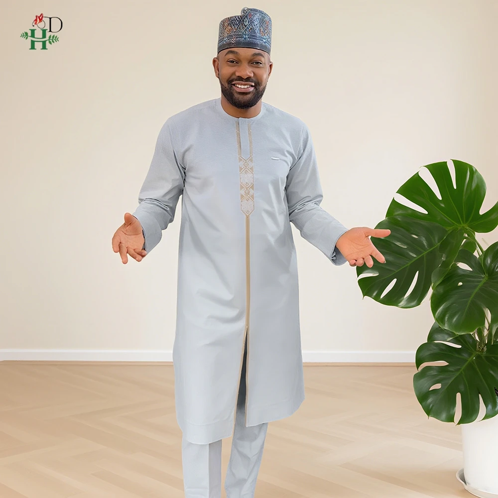 African Agbada Robe Men's 2 PCS Set Embroidery Dashiki Shirt Africa Gray Clothes Long Sleeve Cover Tops Pants Suit Robes Outfit
African Agbada Robe Men's 2 PCS Set Embroidery Dashiki Shirt Africa Gray Clothes Long Sleeve Cover Tops Pants Suit Robes Outfit