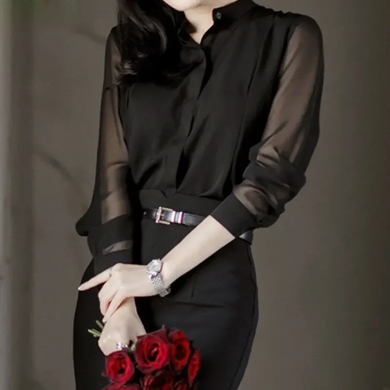 Women's Black Vintage Chiffon Blouses Spring Summer Gauze Long Sleeves Stand Collar Wild Fashion Elegant Women Pullover Shirt SI
Women's Black Vintage Chiffon Blouses Spring Summer Gauze Long Sleeves Stand Collar Wild Fashion Elegant Women Pullover Shirt SI