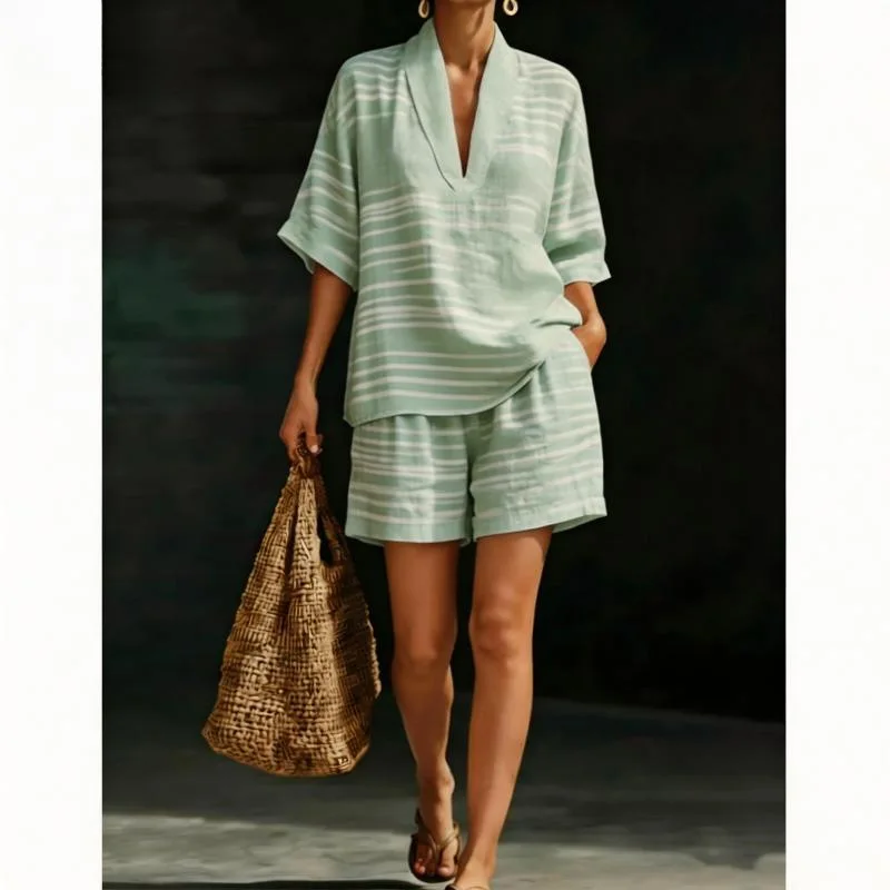 Fashion Women's Two-piece Set 2026 Striped Print Top Women's Summer Loose Casual Versatile V-neck Short Sleeve Shorts Suit
Fashion Women's Two-piece Set 2026 Striped Print Top Women's Summer Loose Casual Versatile V-neck Short Sleeve Shorts Suit