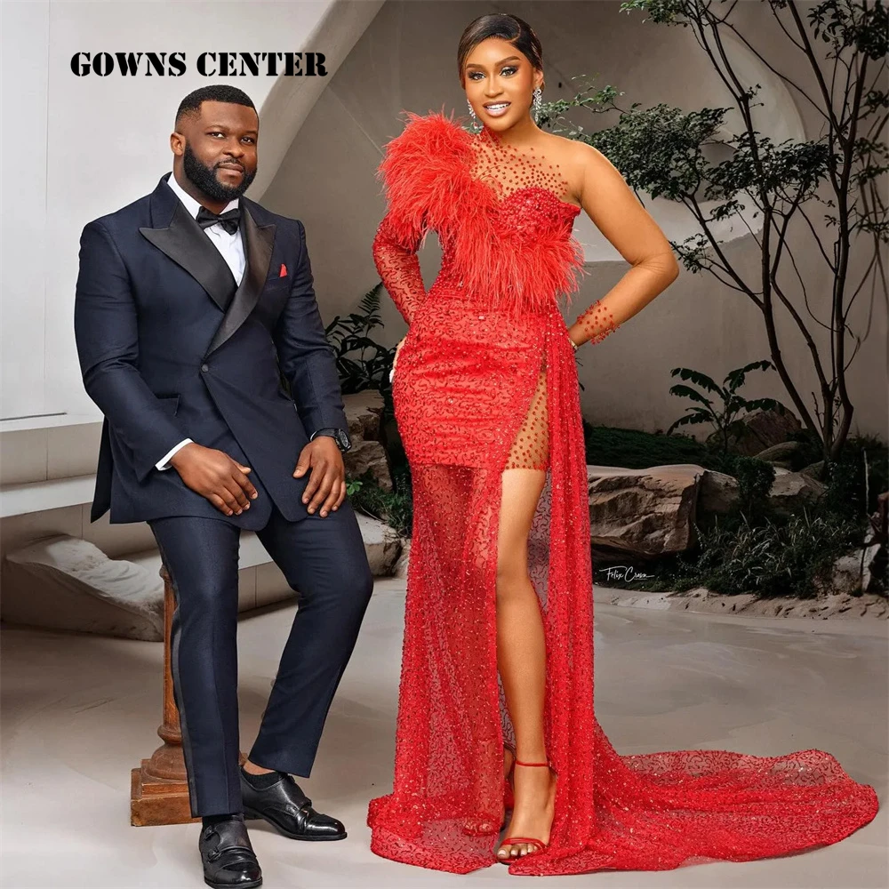 Elegant Red Beads Split Aso Ebi Evening Dresses Long Sleeves Feathers Mermaid Wedding Party Gown African Ladies Dress Customized
Elegant Red Beads Split Aso Ebi Evening Dresses Long Sleeves Feathers Mermaid Wedding Party Gown African Ladies Dress Customized