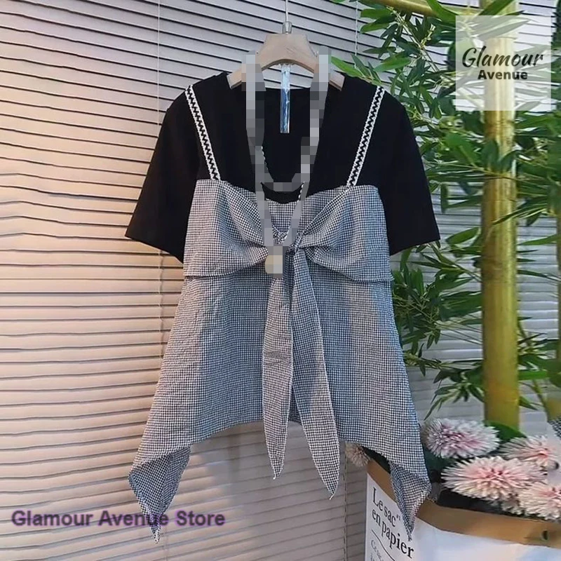 French retro design bow stitching fake two-piece plaid short-sleeved T-shirt women's summer new plus-size loose lace-up top
French retro design bow stitching fake two-piece plaid short-sleeved T-shirt women's summer new plus-size loose lace-up top