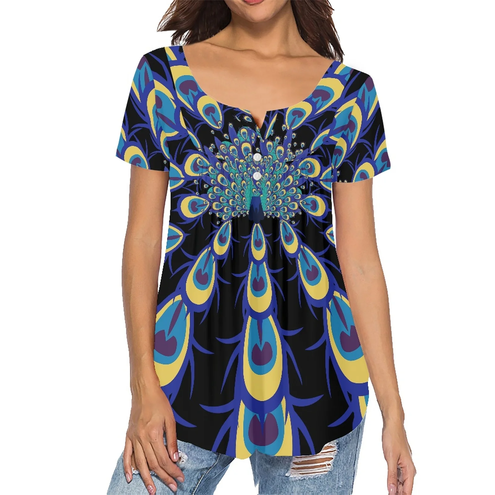 Fashion Women's Summer Colorful Feathers Clothing Flags Pattern V-neck Short Sleeves Girl Top Ladies Pleated Buckle Shirt
Fashion Women's Summer Colorful Feathers Clothing Flags Pattern V-neck Short Sleeves Girl Top Ladies Pleated Buckle Shirt