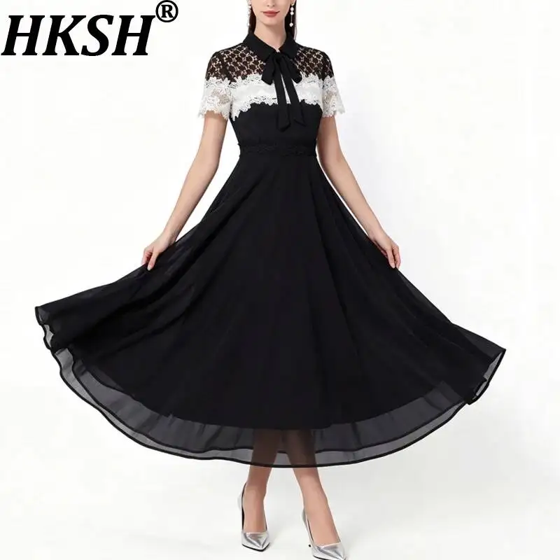 HKSH Women Dress Turn-down Collar Bow Short Sleeve Hollow Out Patchwork Lace Contrast Color Pleated Sweet Dresses Summer HK23193
HKSH Women Dress Turn-down Collar Bow Short Sleeve Hollow Out Patchwork Lace Contrast Color Pleated Sweet Dresses Summer HK23193