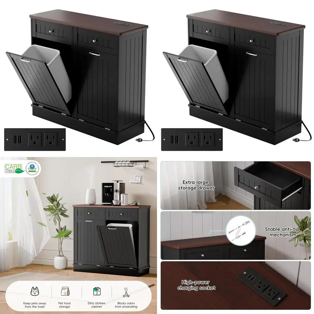 Dual Bin Trash Cabinet with Outlet, 10 Gallon Storage Cabinet, Pet-Proof Trash Can with AC & USB Ports, Kitchen/Living Room (Bla
Dual Bin Trash Cabinet with Outlet, 10 Gallon Storage Cabinet, Pet-Proof Trash Can with AC & USB Ports, Kitchen/Living Room (Bla