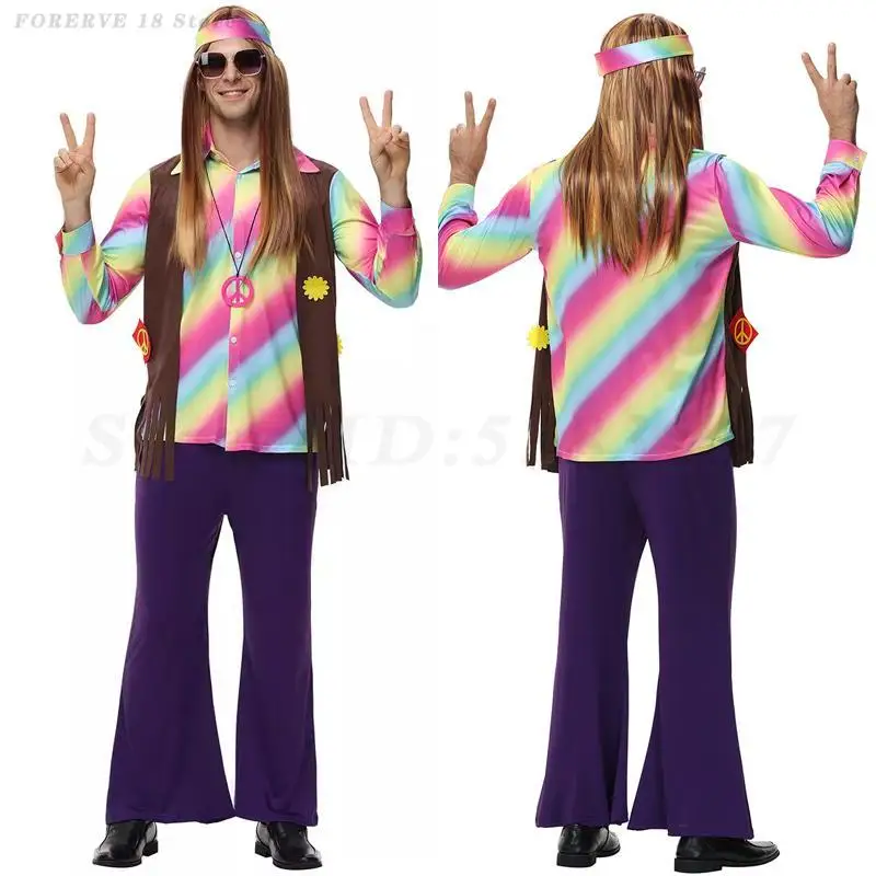 Rainbow Print Dance Costume Men Fashion T-Shirt Flared Pants Suit Stage Show Retro Performance Clothing Rock Hippies Clubwear
Rainbow Print Dance Costume Men Fashion T-Shirt Flared Pants Suit Stage Show Retro Performance Clothing Rock Hippies Clubwear