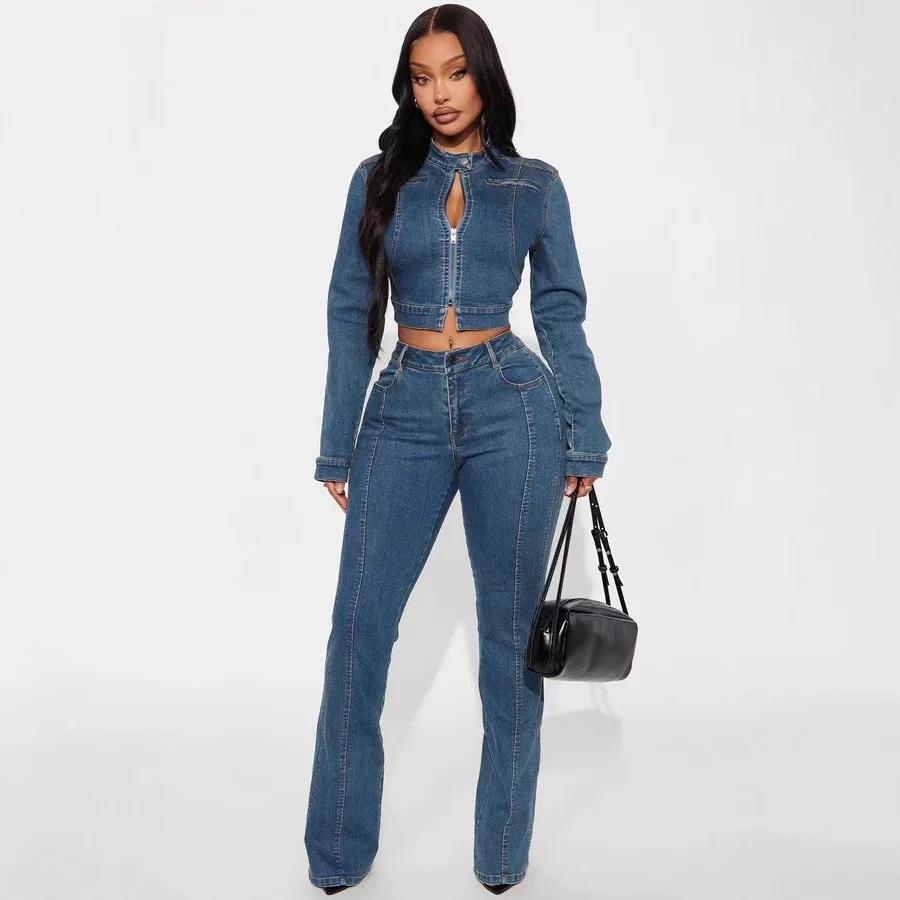 New European and American style women's fashion street retro denim jacket and trousers set
New European and American style women's fashion street retro denim jacket and trousers set