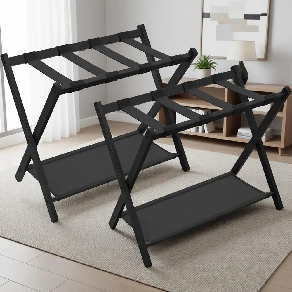 Двойная подставка для чемоданов с полкой для хранения, стальная, складная, идеально подходит для отелей и спален, черная
Двойная подставка для чемоданов с полкой для хранения, стальная, складная, идеально подходит для отелей и спален, черная