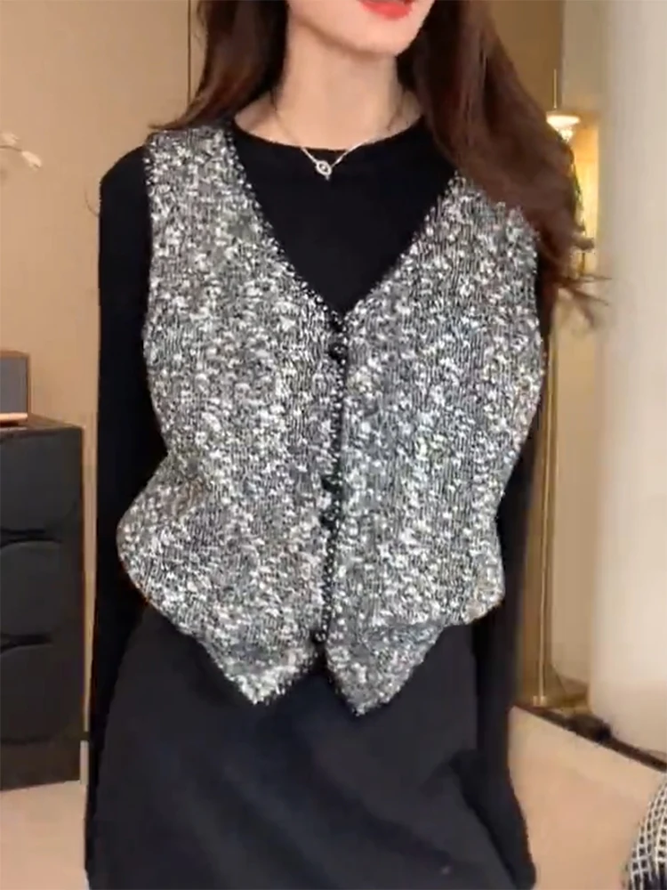 Korean Sle Comfortable Sparkling Knitwear Vest Faionable Layering Women's Clothing V-Ne Long Sve Warmth Woolen Sweater
Korean Sle Comfortable Sparkling Knitwear Vest Faionable Layering Women's Clothing V-Ne Long Sve Warmth Woolen Sweater