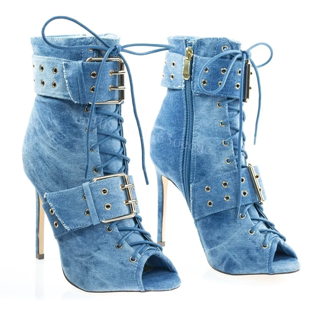 Demin Cross Tied Ankle Boots Buckle Decor Peep Toe Shoes for Women Thin High Heels Fashionable Shoes 2024 Zapatos Para Mujere
Demin Cross Tied Ankle Boots Buckle Decor Peep Toe Shoes for Women Thin High Heels Fashionable Shoes 2024 Zapatos Para Mujere