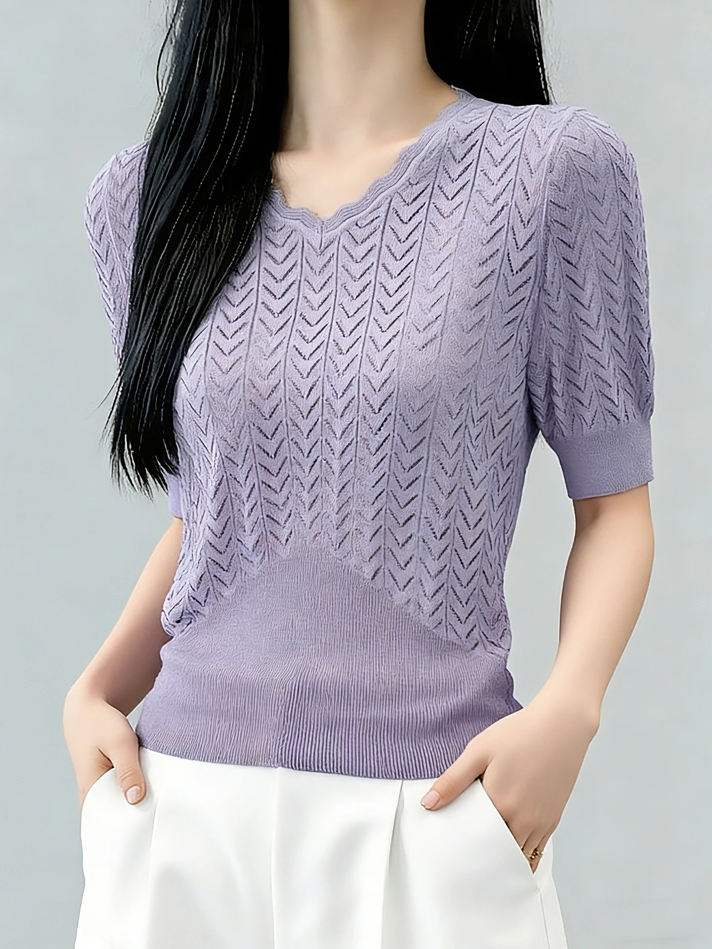 Soft Lace Trim Short Sleeve V-Neck Knitwear Spring Summer Fashion Casual Loose Fit Single Piece Ladies Top Age-Defying
Soft Lace Trim Short Sleeve V-Neck Knitwear Spring Summer Fashion Casual Loose Fit Single Piece Ladies Top Age-Defying