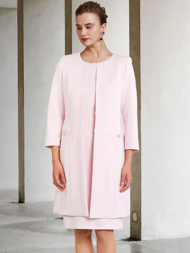 Two Piece Sheath / Column Mother of the Bride Dress Elegant Wrap Jewel Neck Knee Length Short Sleeve with Ruffles
Two Piece Sheath / Column Mother of the Bride Dress Elegant Wrap Jewel Neck Knee Length Short Sleeve with Ruffles