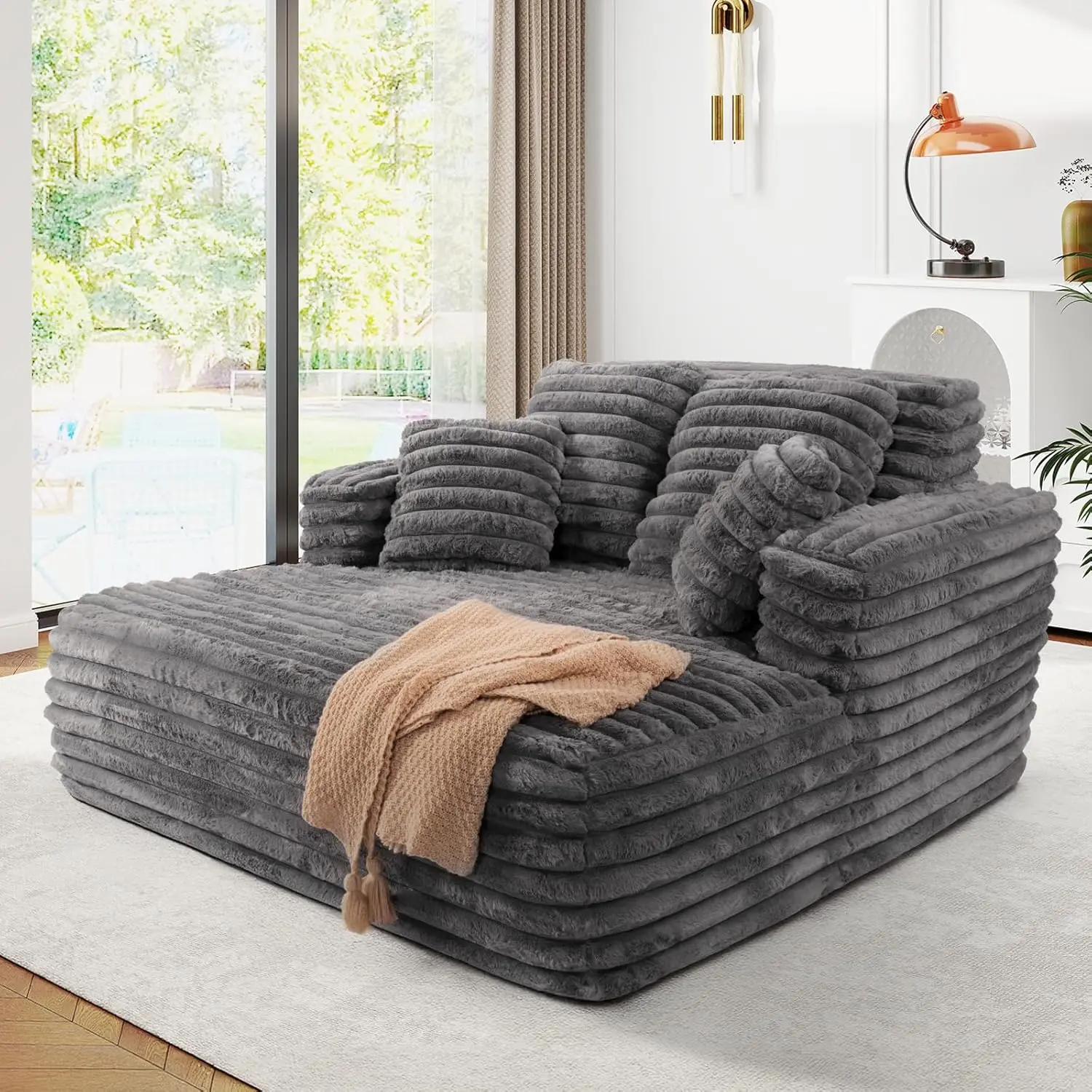 JEEOHEY 56" Oversized Chaise Lounge Chair Indoor,Plush Faux Fur Sleeper Sofa Couch Bed with Pillows&Wide Armrests,Fluffy Comfy C
JEEOHEY 56" Oversized Chaise Lounge Chair Indoor,Plush Faux Fur Sleeper Sofa Couch Bed with Pillows&Wide Armrests,Fluffy Comfy C