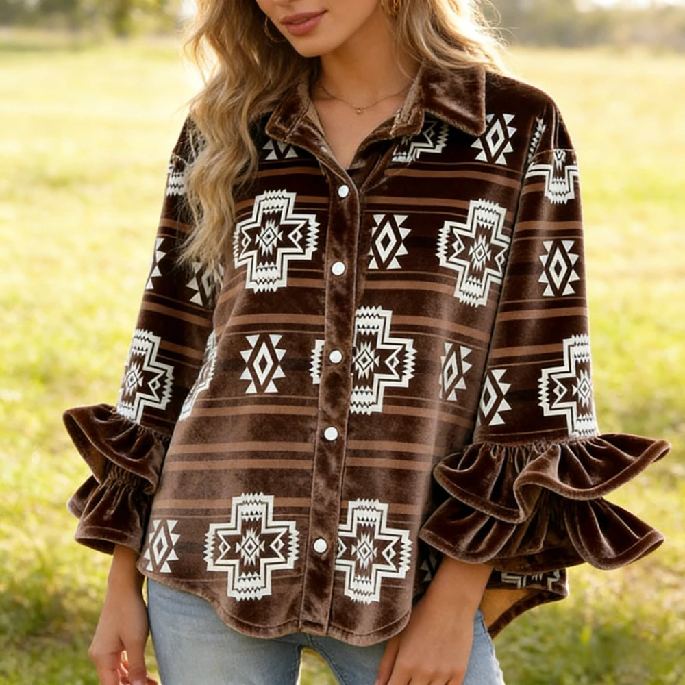 Women Ruffle Sleeve Velvet Blouse Vintage Top Floral Paisley Print Ladies Shirt Retro Boho Chic Blouse for Date Night & Festival
Women Ruffle Sleeve Velvet Blouse Vintage Top Floral Paisley Print Ladies Shirt Retro Boho Chic Blouse for Date Night & Festival