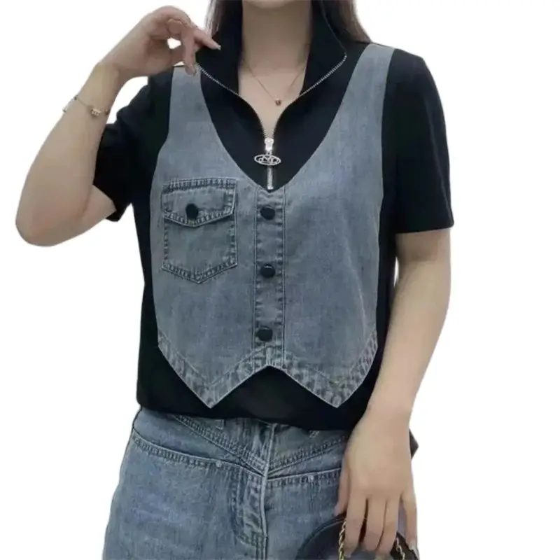 2025 New Spring Summer Women's T-Shirt Fashion Cotton Stand Collar Loose Short Sleeves Joker Slim Stitching Casual Denim Tops
2025 New Spring Summer Women's T-Shirt Fashion Cotton Stand Collar Loose Short Sleeves Joker Slim Stitching Casual Denim Tops