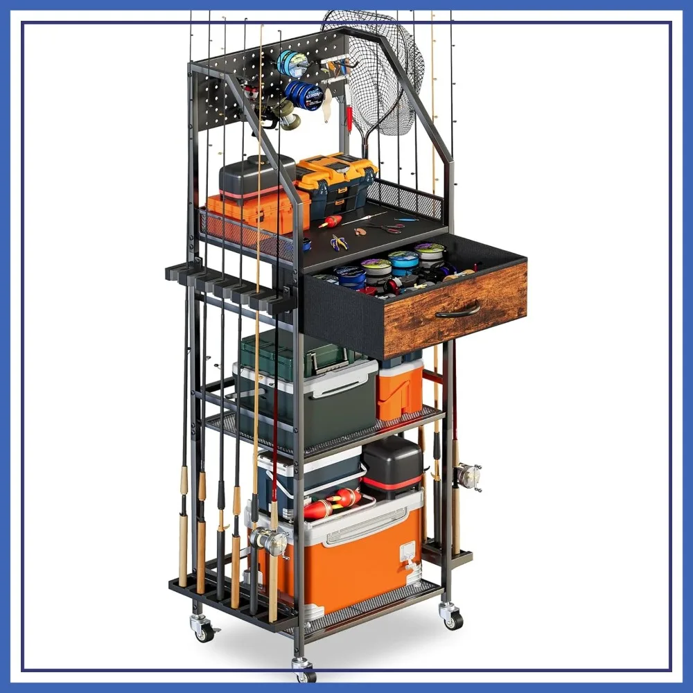 Fishing Rod Holder Organizer with Fabric Drawer & Pegboard, Garage Storage for 12 Rods, Portable Cart
Fishing Rod Holder Organizer with Fabric Drawer & Pegboard, Garage Storage for 12 Rods, Portable Cart