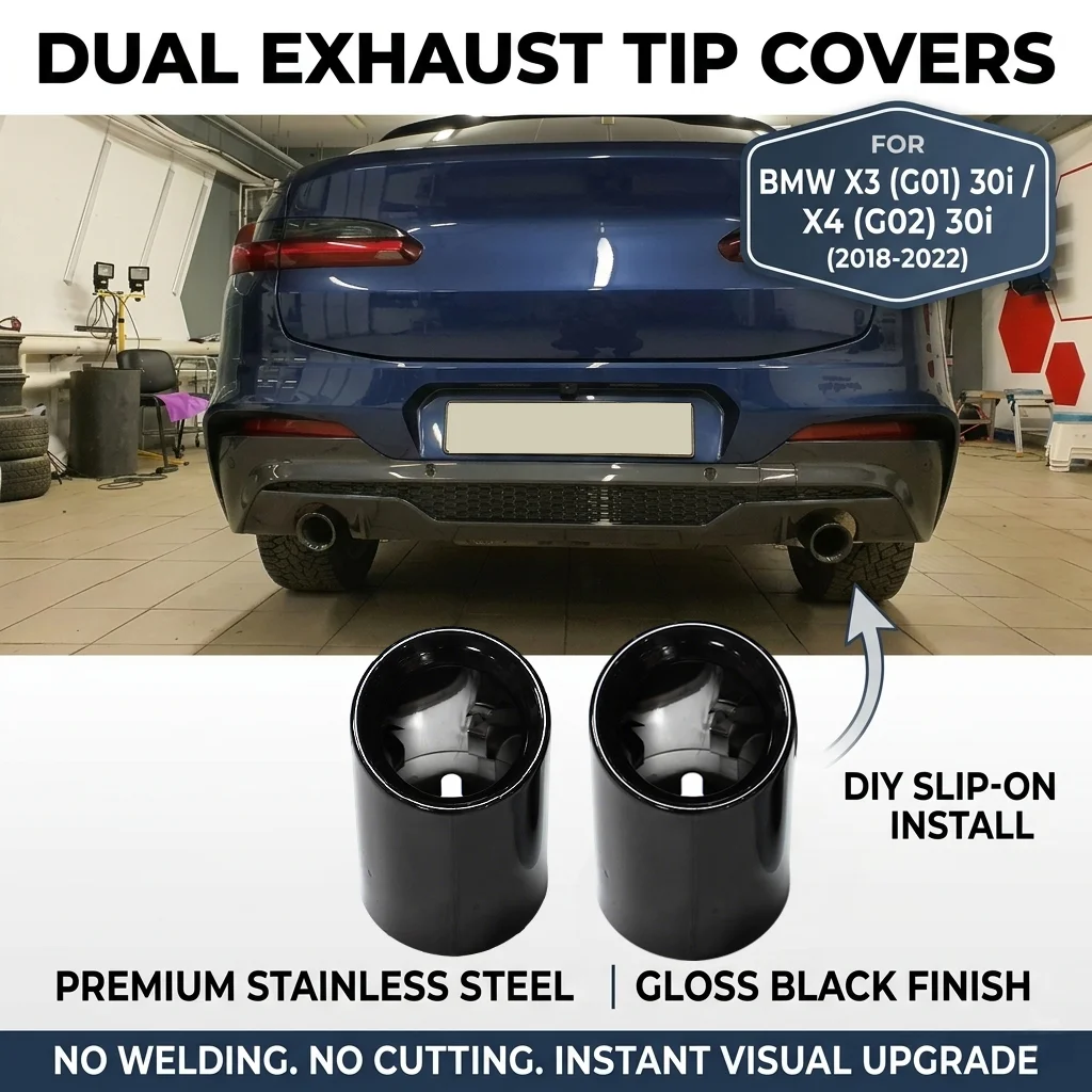 Dual Exhaust Tip Covers for BMW X3 G01 30i X4 G02 30i (2018-2022), Slip-On Stainless Steel Tailpipe Trim, No Welding (Pair)
Dual Exhaust Tip Covers for BMW X3 G01 30i X4 G02 30i (2018-2022), Slip-On Stainless Steel Tailpipe Trim, No Welding (Pair)