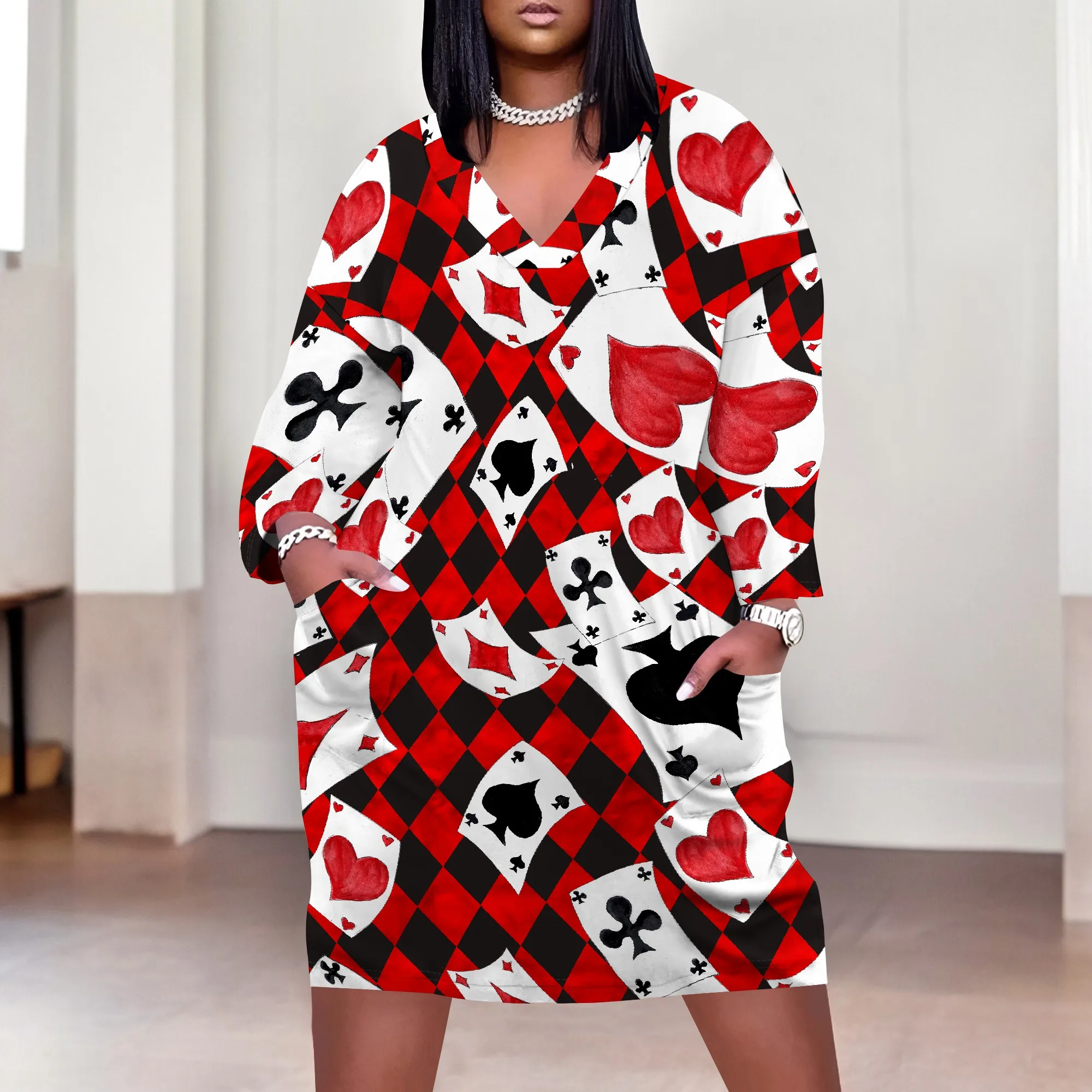 Plus Size Women's Red and Black Card Print Dress XL-6XL, V-Neck Casual Dress for Bold and Playful Look
Plus Size Women's Red and Black Card Print Dress XL-6XL, V-Neck Casual Dress for Bold and Playful Look