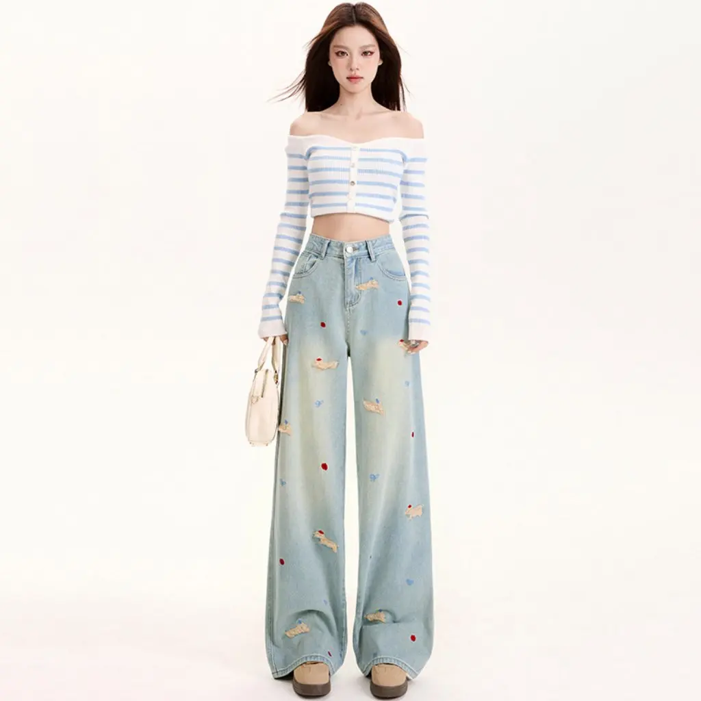 Женские широкие джинсы в американском стиле с мультяшной таксой и 3D вышивкой, весна-лето, новая мода, свободный крой с высокой талией 
Женские широкие джинсы в американском стиле с мультяшной таксой и 3D вышивкой, весна-лето, новая мода, свободный крой с высокой талией