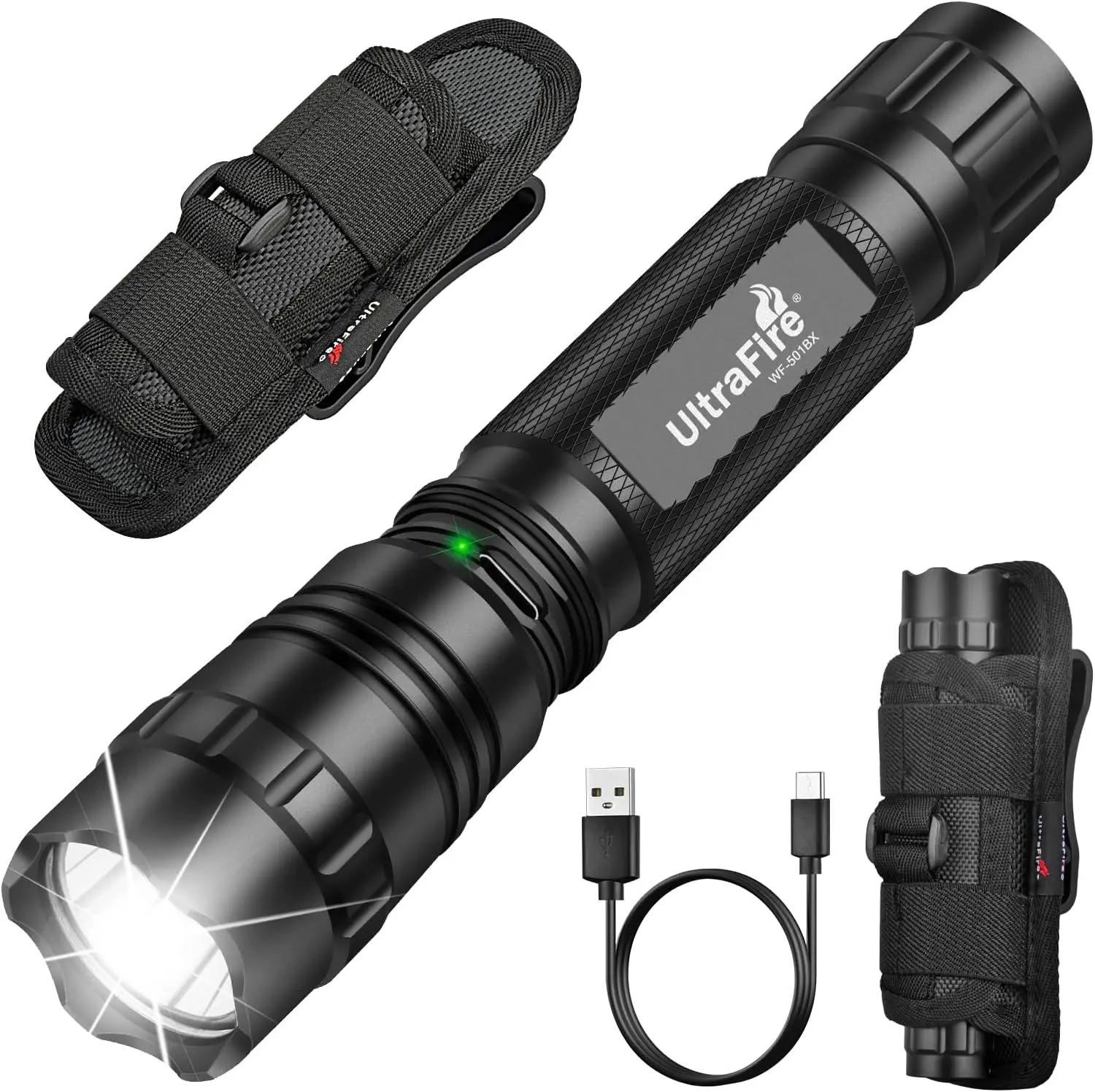 Tactical Flashlight 1000Lm with Holster, Rechargeable Police Light, 3 Modes WF-501BX
Tactical Flashlight 1000Lm with Holster, Rechargeable Police Light, 3 Modes WF-501BX