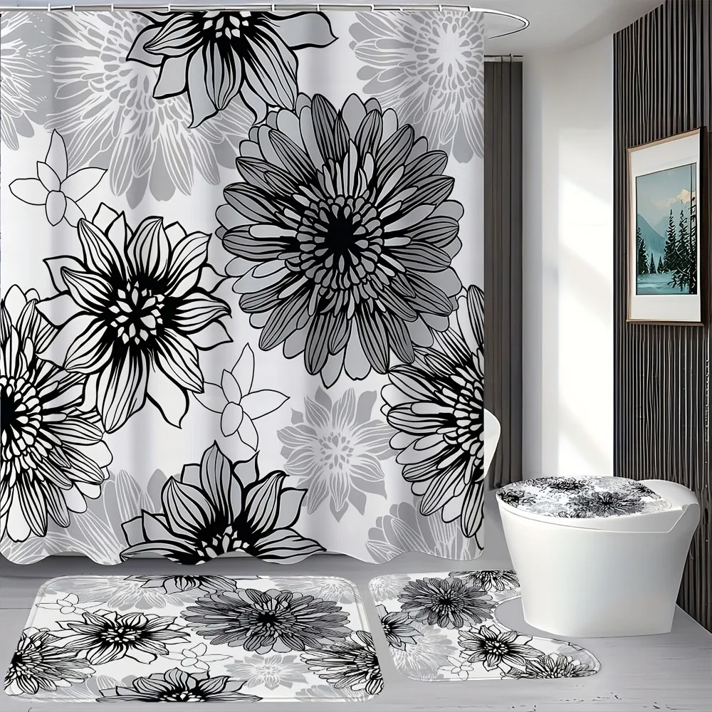 Monochrome Floral Bathroom 4-Piece Set: Shower Curtain, Bath Mat, Toilet Cover, Tank Cover – Elegant Decor
Monochrome Floral Bathroom 4-Piece Set: Shower Curtain, Bath Mat, Toilet Cover, Tank Cover – Elegant Decor