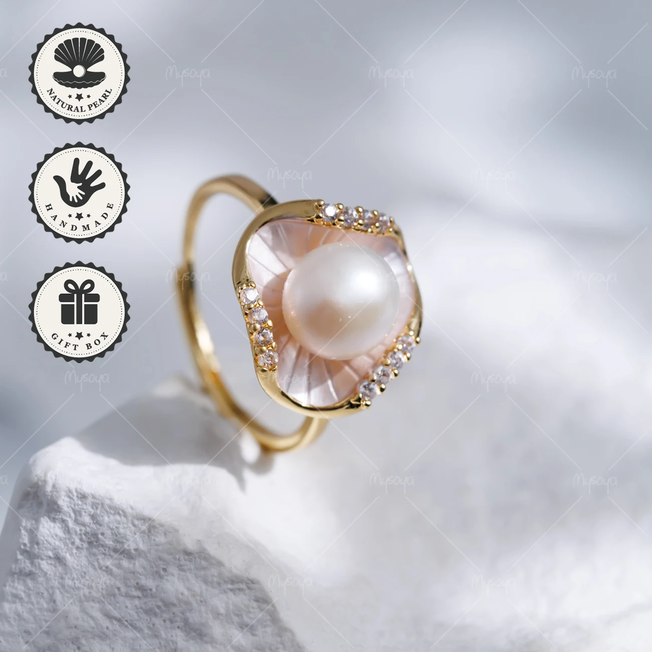 MYSOYA 7-8mm White Freshwater Pearl Open Ring Golden Petal CZ With Gift Box Birthday Gift Valentine’s Day
MYSOYA 7-8mm White Freshwater Pearl Open Ring Golden Petal CZ With Gift Box Birthday Gift Valentine’s Day