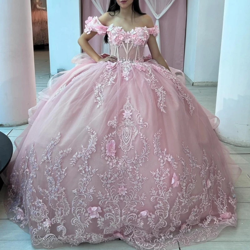 Pink Princess Quinceanera Dresses Off Shoulder Applique Flower Beads Tull Sweet 16 Dress Ball Gown Vestidos 15 Anos
Pink Princess Quinceanera Dresses Off Shoulder Applique Flower Beads Tull Sweet 16 Dress Ball Gown Vestidos 15 Anos