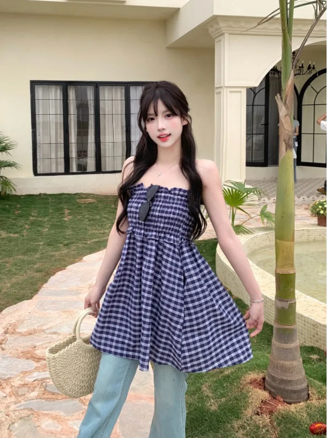 Sweet Color Block Blue Plaid Tube Top Shirt Dress Women's Spring New Design Loose Fit Short Skirt Korean Style Commute Wind
Sweet Color Block Blue Plaid Tube Top Shirt Dress Women's Spring New Design Loose Fit Short Skirt Korean Style Commute Wind