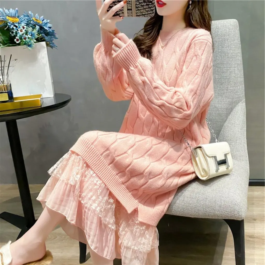 Women's Mid-Length Lace Stitching Sweater Dress Korean Style Solid Color Twist Pullover Autumn Outer Wear
Women's Mid-Length Lace Stitching Sweater Dress Korean Style Solid Color Twist Pullover Autumn Outer Wear