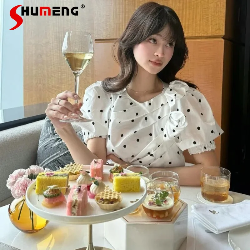 Ladies Y2k Clothes Cotton Polka Dot Shirt Puff Sleeves Pleated Floral Decor 3D Cutting Summer Tops Short Sleeve Slimming Blusas
Ladies Y2k Clothes Cotton Polka Dot Shirt Puff Sleeves Pleated Floral Decor 3D Cutting Summer Tops Short Sleeve Slimming Blusas