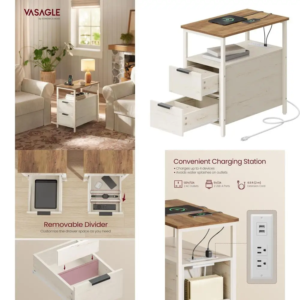 Side End Table with Charging Station, Slim Nightstand with 2 Drawers, Narrow Bedside Table for Living Room, Small Spaces, Honey
Side End Table with Charging Station, Slim Nightstand with 2 Drawers, Narrow Bedside Table for Living Room, Small Spaces, Honey