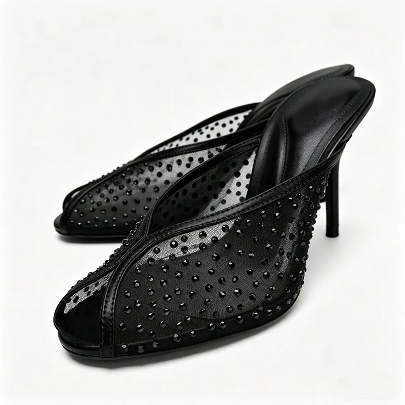 Comfortable Breathable Mesh Black Heels for Women Luxury Crystal Decoration Stiletto Slide Sandals Sexy Peep-toe Mules Sandals
Comfortable Breathable Mesh Black Heels for Women Luxury Crystal Decoration Stiletto Slide Sandals Sexy Peep-toe Mules Sandals