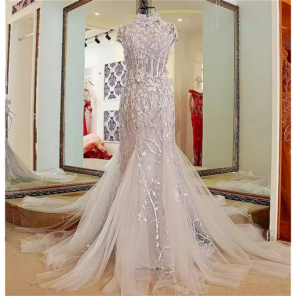 Customized Elegant High Neck Silver Grey Mermaid Wedding Dress with Beaded Lace Appliques and Train Bridal Reception Elopement
Customized Elegant High Neck Silver Grey Mermaid Wedding Dress with Beaded Lace Appliques and Train Bridal Reception Elopement