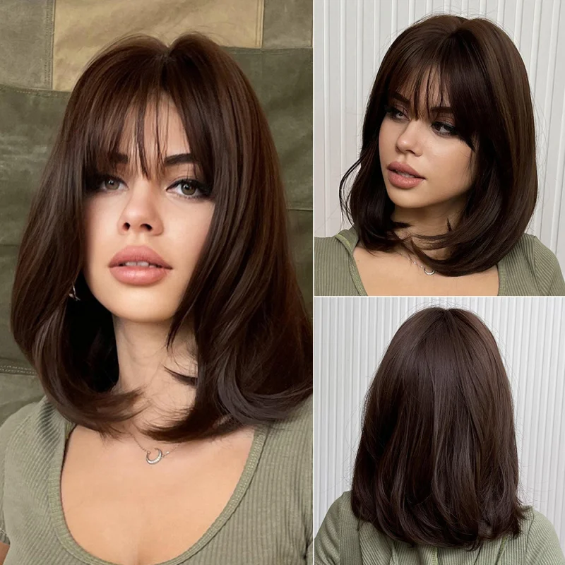 Dark brown Short Bob hair wigs with bangs Synthetic wig
Dark brown Short Bob hair wigs with bangs Synthetic wig