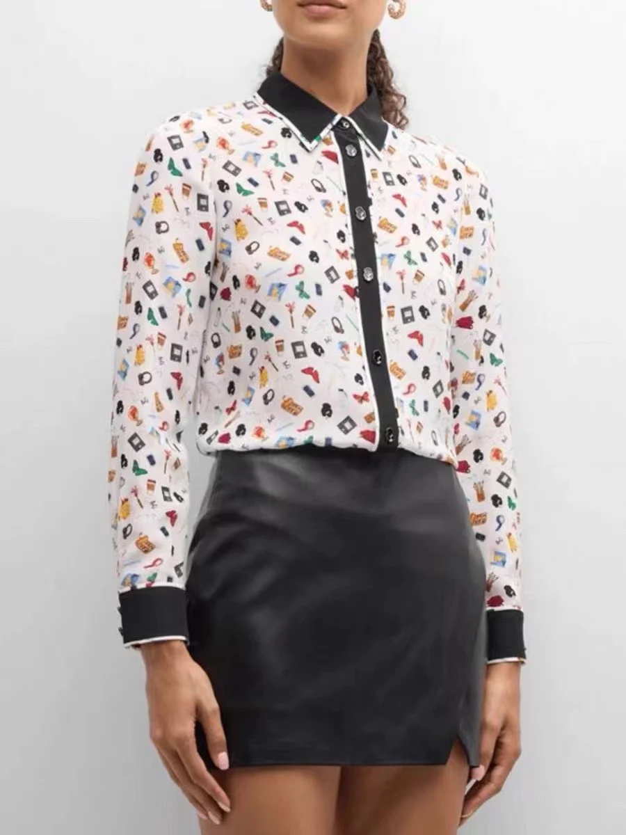 Women Fashion Print 100% Silk Shirt Color Patchwork Turn-down Collar Single Breasted Long Sleeve Elegant Ladies Blouse
Women Fashion Print 100% Silk Shirt Color Patchwork Turn-down Collar Single Breasted Long Sleeve Elegant Ladies Blouse