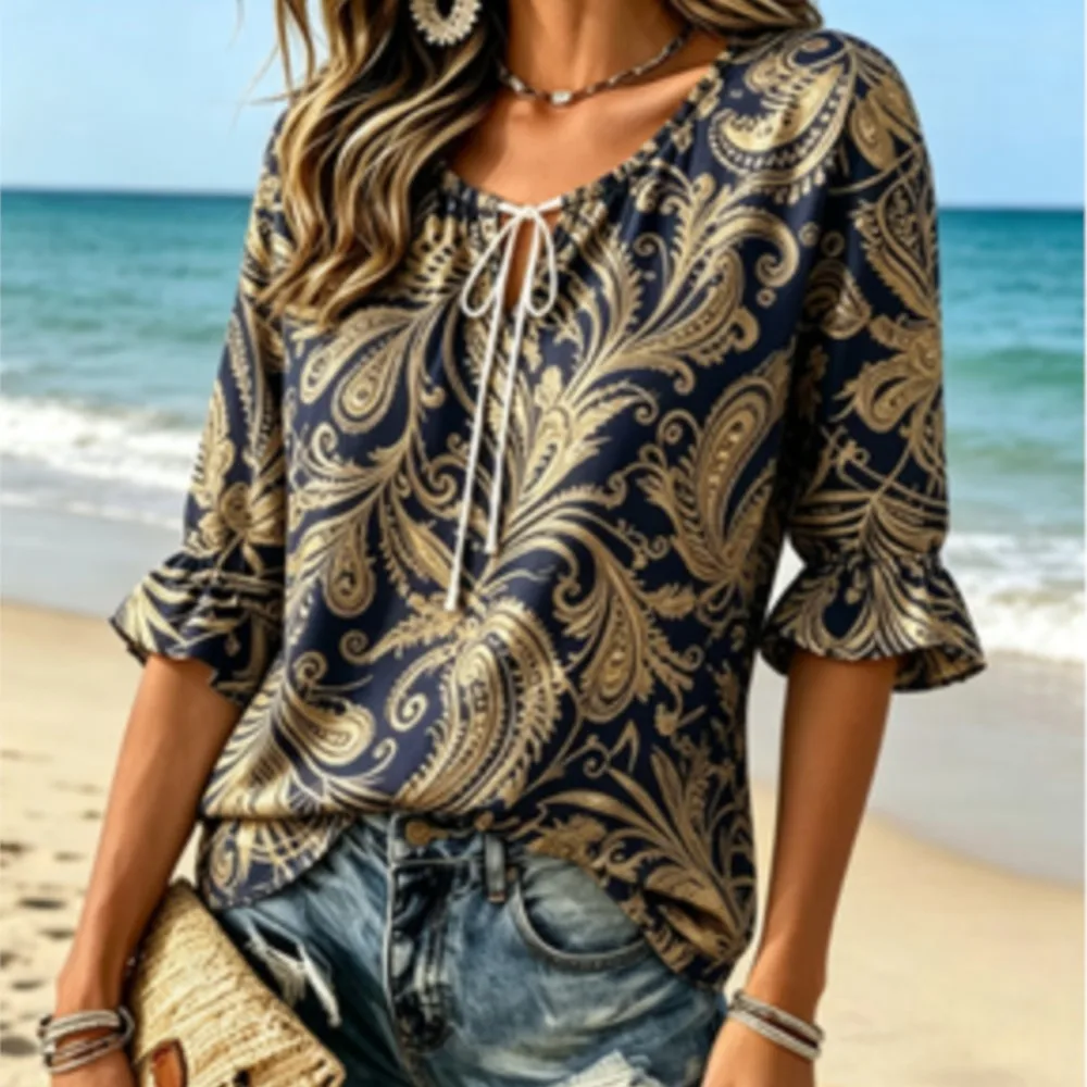 Women's Navy Gold Glitter Paisley Print Tie Neck Ruffle 3/4 Sleeve Vintage Luxury Elegant Party Casual Blouse
Women's Navy Gold Glitter Paisley Print Tie Neck Ruffle 3/4 Sleeve Vintage Luxury Elegant Party Casual Blouse
