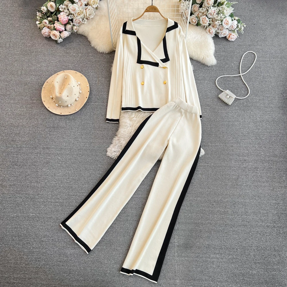 Women Fashion Two-piece Set Long Sleeved Contrasting V-neck Knitted Cardigan Jacket+high Waisted Straight Leg Wide Leg Pants
Women Fashion Two-piece Set Long Sleeved Contrasting V-neck Knitted Cardigan Jacket+high Waisted Straight Leg Wide Leg Pants