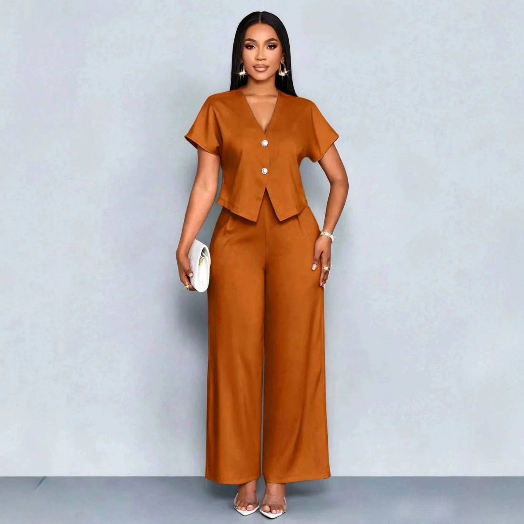 Summer Elegant 2 Piece Suit For Women V Neck Short Sleeve Blouse Top High Waist Wide Leg Pants Set Casual Business Office Outfit
Summer Elegant 2 Piece Suit For Women V Neck Short Sleeve Blouse Top High Waist Wide Leg Pants Set Casual Business Office Outfit