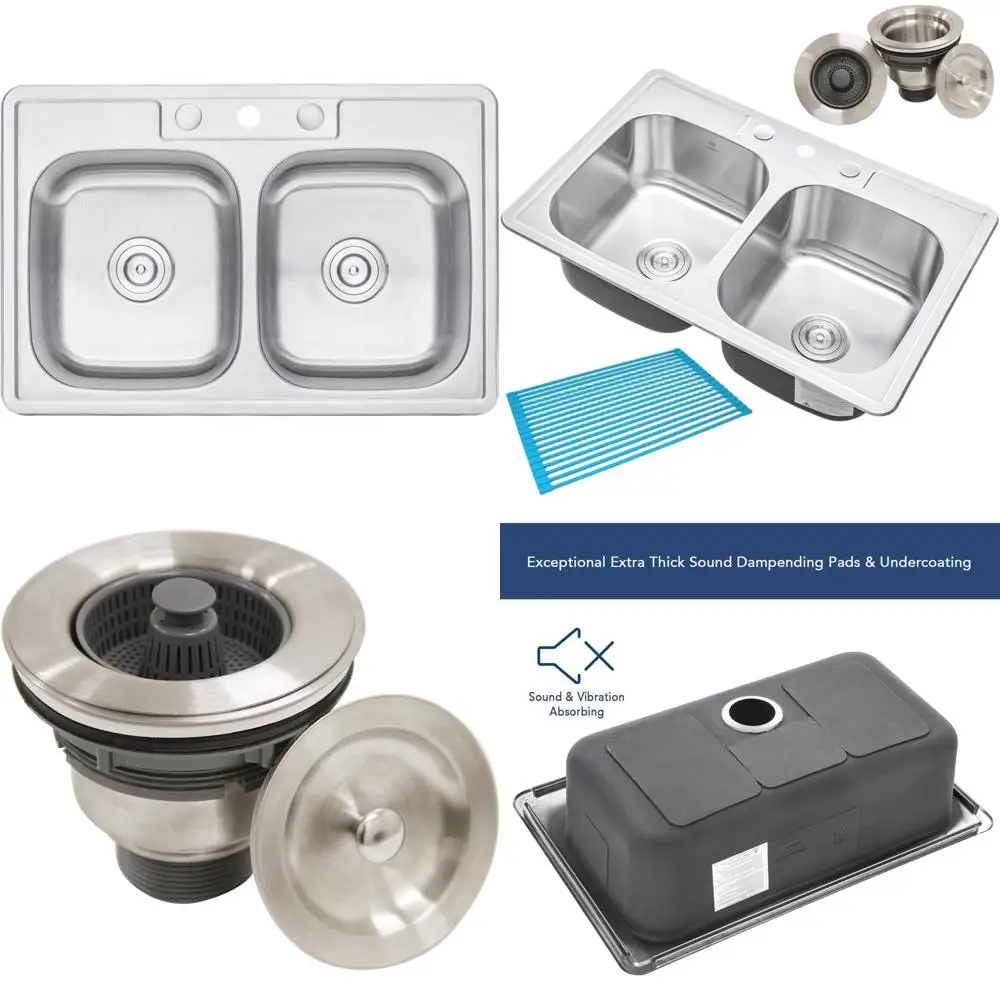 50/50 Stainless Steel Double Bowl Kitchen Sink, 33x22x9 Inches, Top-Mount/Drop-In, 18 Gauge, 3 Faucet Holes, Strainer & Dish Rac
50/50 Stainless Steel Double Bowl Kitchen Sink, 33x22x9 Inches, Top-Mount/Drop-In, 18 Gauge, 3 Faucet Holes, Strainer & Dish Rac