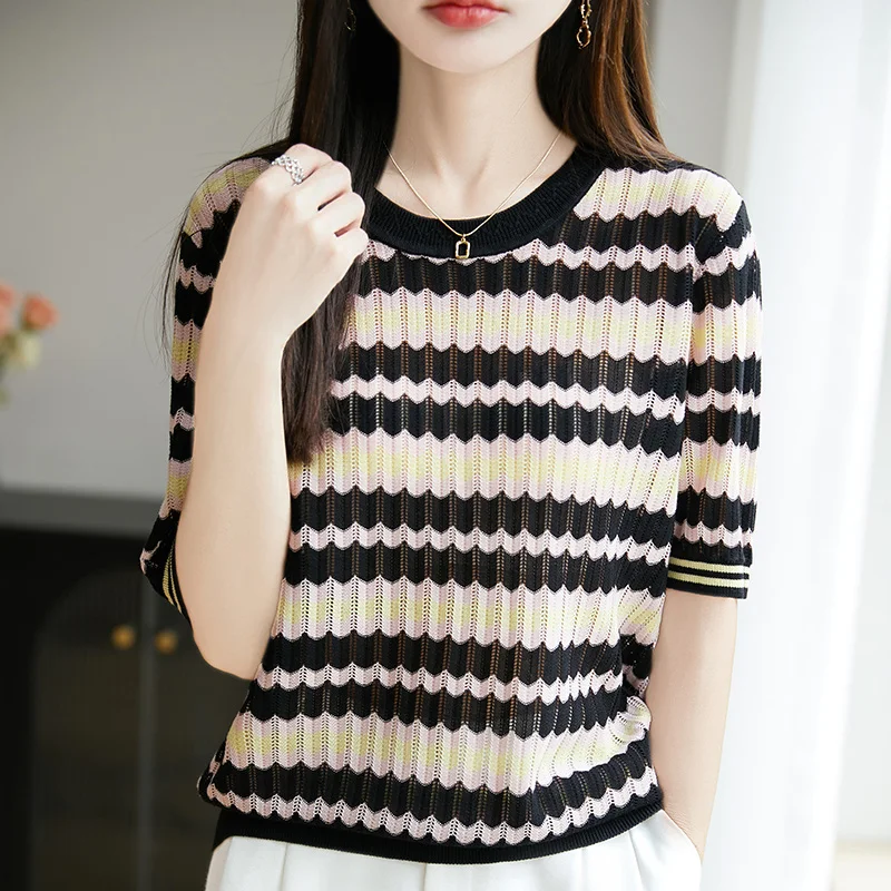 100% Lyocell T-shirt Sweater Women Summer O-neck Short Sleeve Stripe Color Matching Knit Pullover Tees Casual Bottoming Wear Top
100% Lyocell T-shirt Sweater Women Summer O-neck Short Sleeve Stripe Color Matching Knit Pullover Tees Casual Bottoming Wear Top
