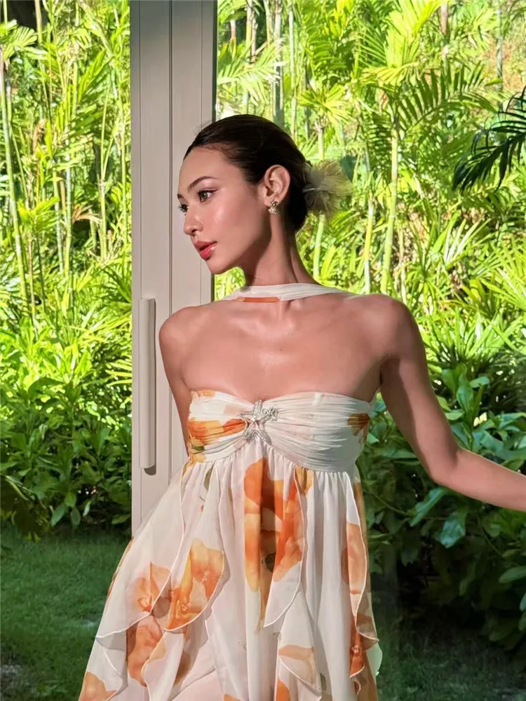 Bohemian Style Seaside Beach Floral Print Halter Backless Long Dress Vacation Sleeveless Chiffon Split Irregular Maxi Dress Robe
Bohemian Style Seaside Beach Floral Print Halter Backless Long Dress Vacation Sleeveless Chiffon Split Irregular Maxi Dress Robe