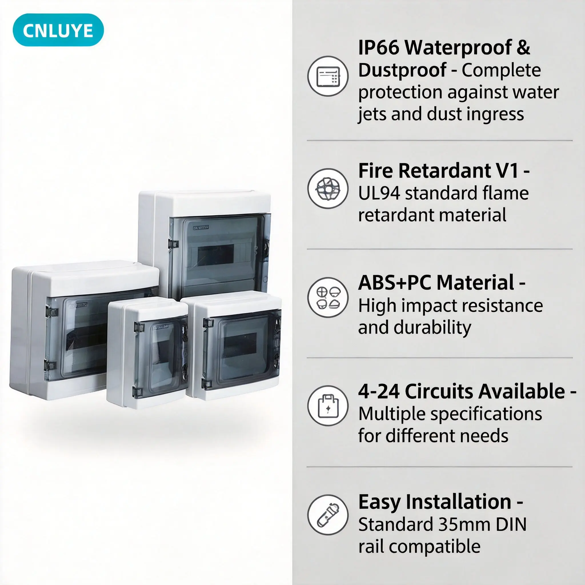 Outdoor IP66 Waterproof Electrical Distribution Box ABS Fire Retardant PV Switch Enclosure for Home Solar Power System 4-24 Circ
Outdoor IP66 Waterproof Electrical Distribution Box ABS Fire Retardant PV Switch Enclosure for Home Solar Power System 4-24 Circ