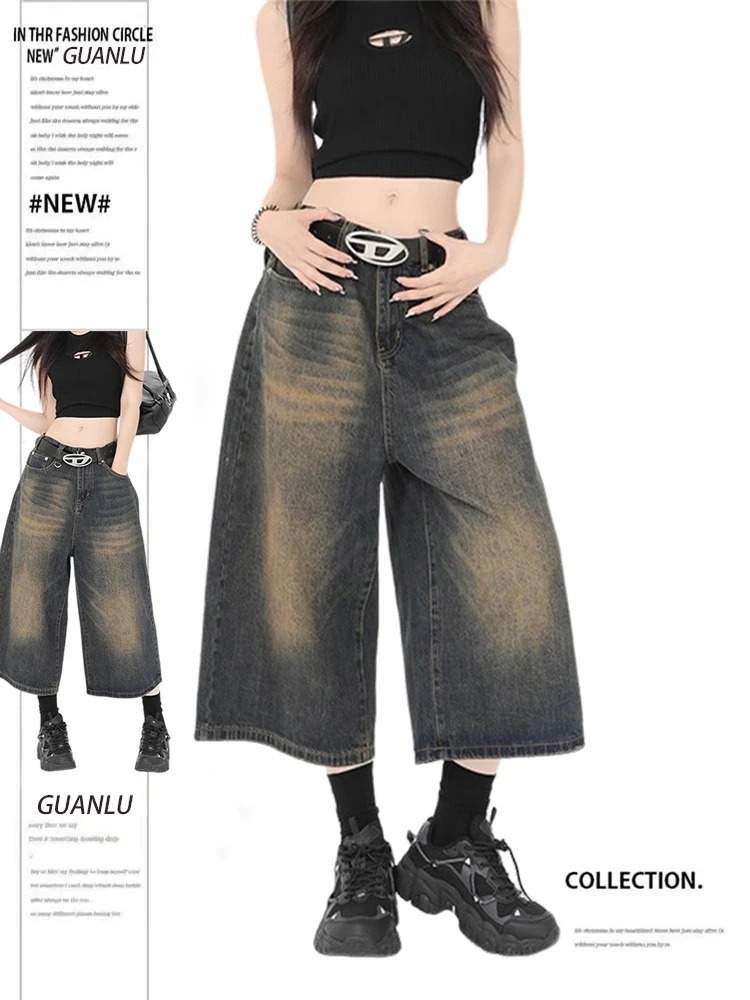 American Retro High Waist Seven-Foot Jeans Women's Summer Loose Wide-Leg Knee-Length Shorts Casual Vintage Style Denim Pants
American Retro High Waist Seven-Foot Jeans Women's Summer Loose Wide-Leg Knee-Length Shorts Casual Vintage Style Denim Pants