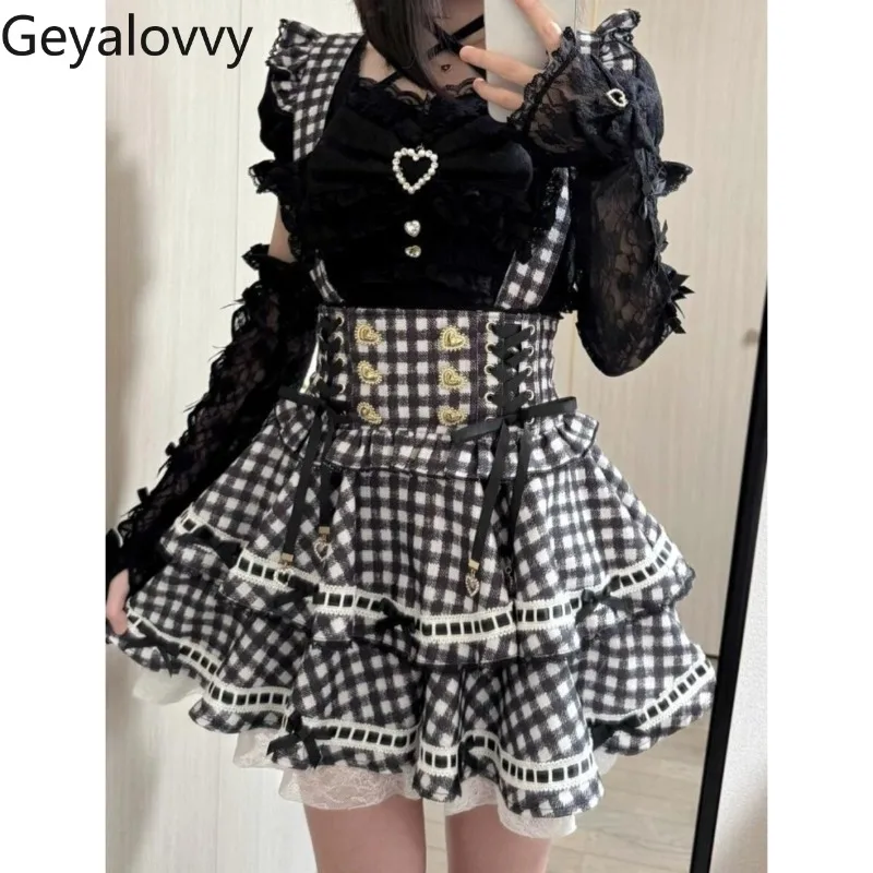Black Lace Shirt Sweet Girls Versatile Short Sleeve Top and Sleeves Plaid Strap Skirt High Waist Cake Skirts College Uniform Set
Black Lace Shirt Sweet Girls Versatile Short Sleeve Top and Sleeves Plaid Strap Skirt High Waist Cake Skirts College Uniform Set