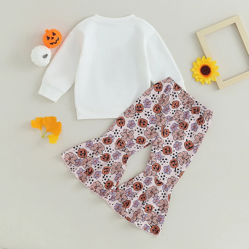 Girls Halloween Outfit Set Long Sleeve Pumpkin Print Sweatshirt and Floral Flared Pants Set for Toddlers
Girls Halloween Outfit Set Long Sleeve Pumpkin Print Sweatshirt and Floral Flared Pants Set for Toddlers