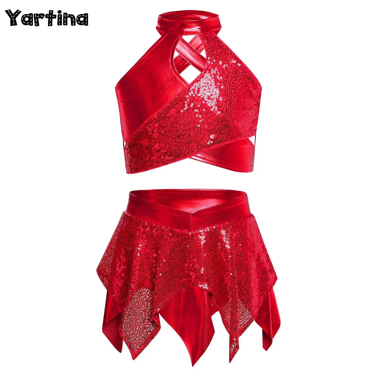 Kids Girls Rhythmic Gymnastics Ballet Jazz Dance Performance Costume Sparkly Sequins Metallic Crop Top with Asymmetric Skirt
Kids Girls Rhythmic Gymnastics Ballet Jazz Dance Performance Costume Sparkly Sequins Metallic Crop Top with Asymmetric Skirt