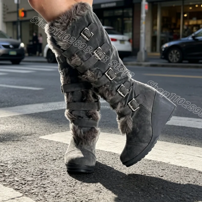 Gray Buckle Fur Decor Boots Wedges Heels Solid British Style Side Zipper for Women Dress Winter Warm Boots Zapatos Para Mujere
Gray Buckle Fur Decor Boots Wedges Heels Solid British Style Side Zipper for Women Dress Winter Warm Boots Zapatos Para Mujere