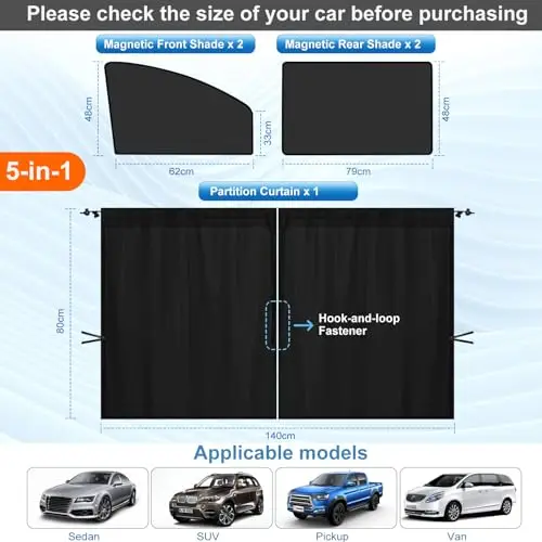 5-Piece Magnetic Car Window Shade Kit With Privacy Divider Curtain For Sedan SUV Pickup And Van
5-Piece Magnetic Car Window Shade Kit With Privacy Divider Curtain For Sedan SUV Pickup And Van