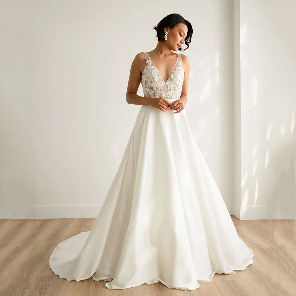 Customized Wedding Dress 2025 For Women Lace Backless V-Neck Plus Size Satin Skirt Bridal Gown for Elegant Ceremony Special Day
Customized Wedding Dress 2025 For Women Lace Backless V-Neck Plus Size Satin Skirt Bridal Gown for Elegant Ceremony Special Day