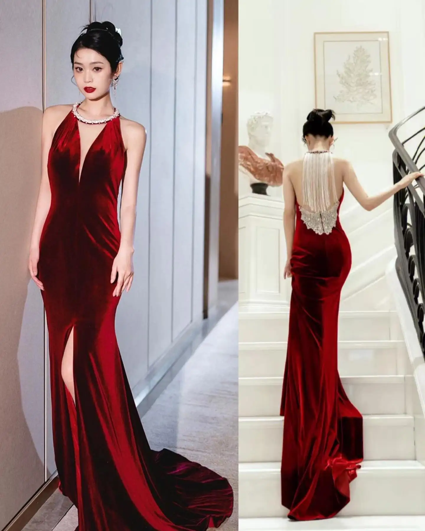 Customized Luxury Velvet Mermaid Beading Crystal Appliques Tassel Evening Dress High Quality Sleeveless Floor Length Party Gowns 
Customized Luxury Velvet Mermaid Beading Crystal Appliques Tassel Evening Dress High Quality Sleeveless Floor Length Party Gowns